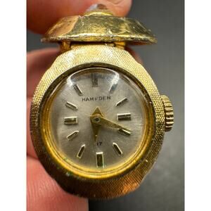 Vintage Hampden 17 Jewel Pendant Watch Hand Winding Gold Tone w/ AB Stone